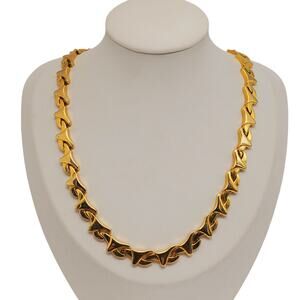 1980s Geometric Link Necklace Gold Plated Choker Statement Chain Collar Vtg Bold